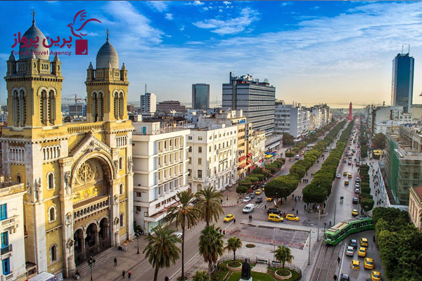 محله باب بحر و خیابان حبیب بورقیبه و کلیسای جامع سنت وینسنت دو پل در تونس